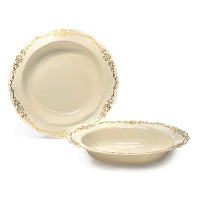 " OCCASIONS " 60 Piece Plates Pack, Disposable Wedding Party Plastic Bowls (12oz Soup Verona in Ivory & Gold)