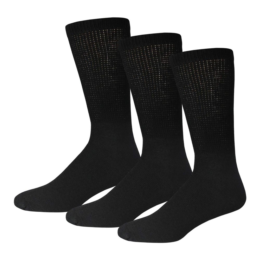 3 Pairs of Cotton Diabetic Neuropathy Crew Socks (10-13, Fits Mens shoe size 9-12, Black)