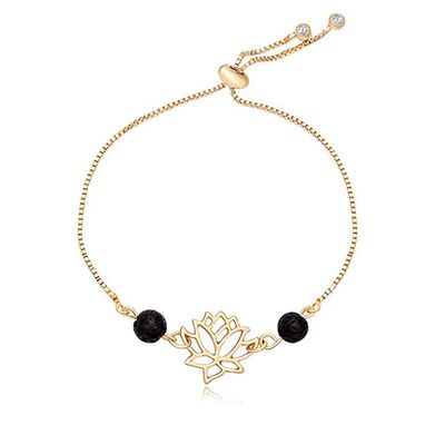 Adjustable Natural Lava Rock Stone Lotus Flower Bangle Bracelet Aromatherapy Essential Oil Diffuser Jewelry (Gold)