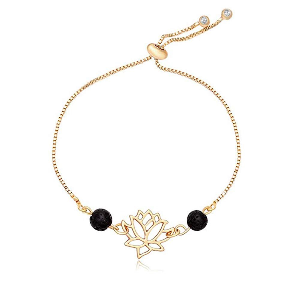 Adjustable Natural Lava Rock Stone Lotus Flower Bangle Bracelet Aromatherapy Essential Oil Diffuser Jewelry (Gold)