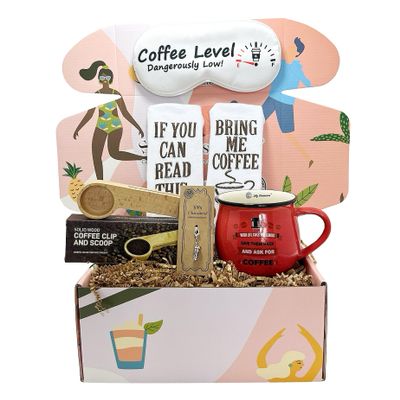 SILLY OBSESSIONS Coffee Gift Basket for Mom, Women  Funny Coffee Accessories Gift Box with Tumbler, Socks, Scoop, Charm, Sleep Mask & Card  Birthday, Christmas, Mothers Day, Get Well Soon