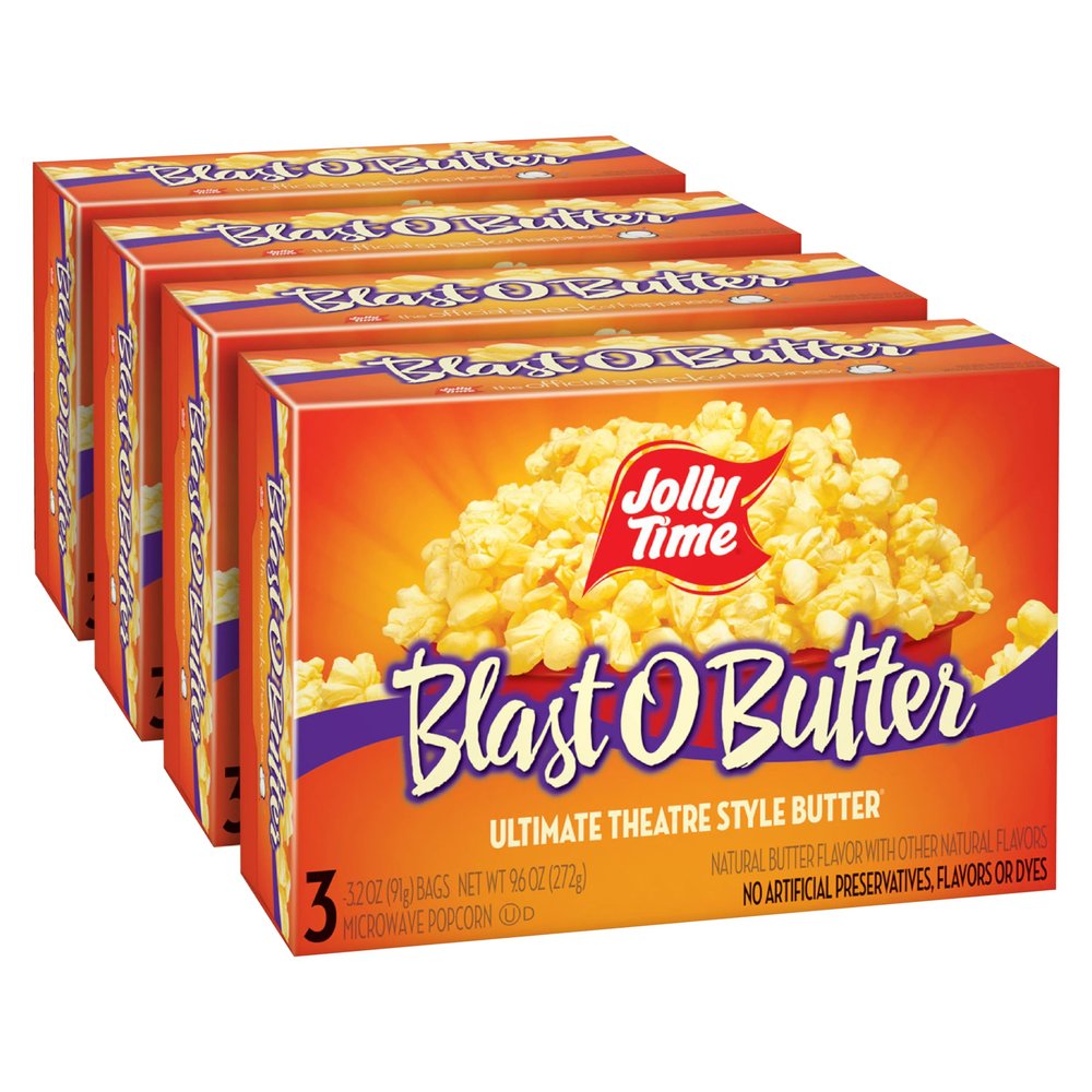 Jolly Time Blast O Butter, Ultimate Movie Theater Butter Microwave Popcorn, 3.2oz Sharing Bag, 3 Bags Per Carton (Blast O Butter, 3.2 Ounce (Pack of 12))