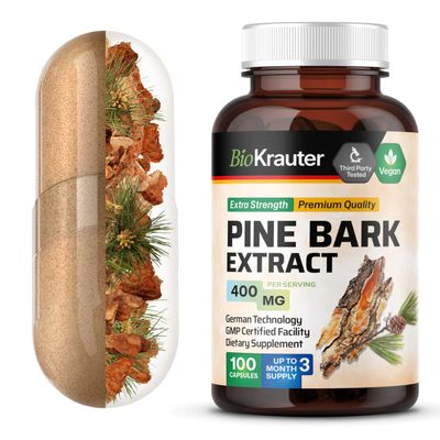 BIO KRAUTER Pine Bark Extract Capsules 400 mg - 100 Count - Antioxidant Supplement - 95% Proanthocyanidins - Pine Bark Supplement - Vegan, No Fillers