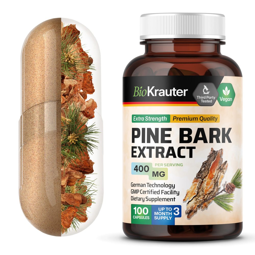 BIO KRAUTER Pine Bark Extract Capsules 400 mg - 100 Count - Antioxidant Supplement - 95% Proanthocyanidins - Pine Bark Supplement - Vegan, No Fillers