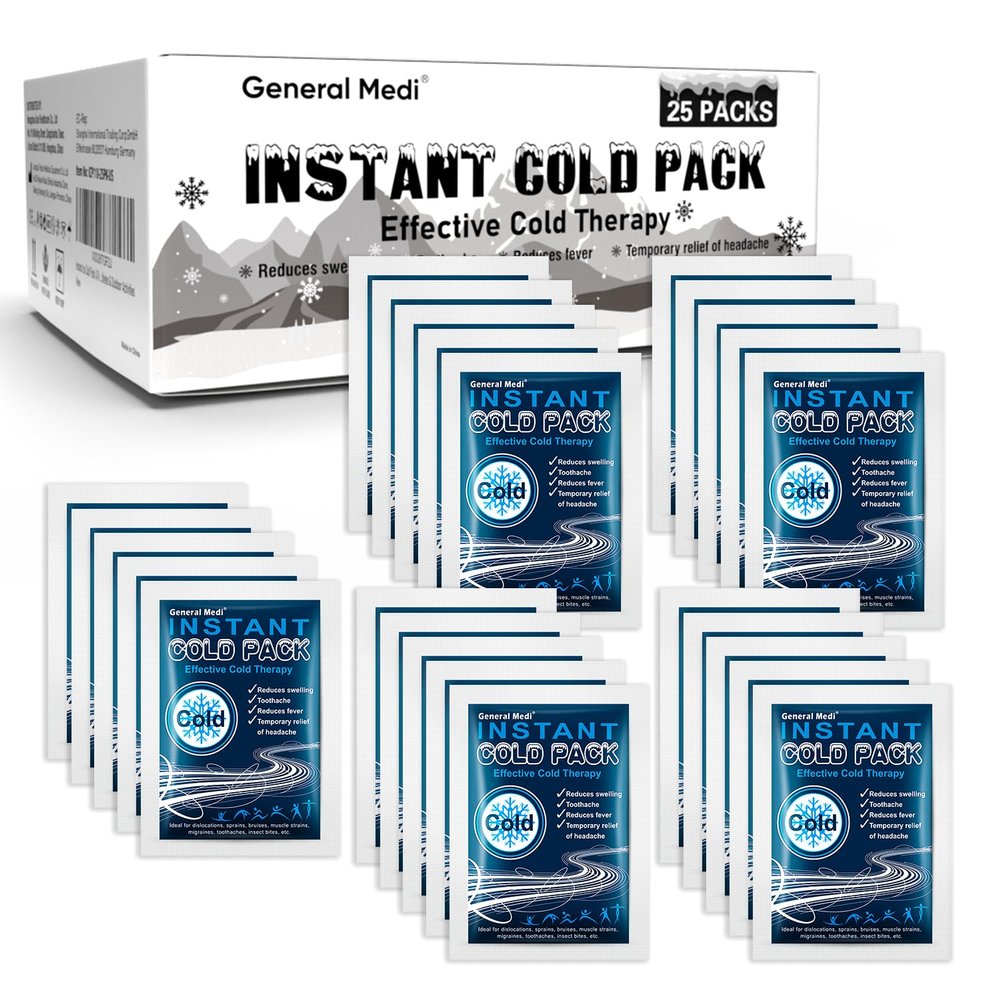 General Medi Instant Ice Cold Pack (4x 5.5)  25 Packs Disposable Cold Therapy Ice Packs for Pain Relief, Swelling, Inflammation, Sprains, Toothache  for Athletes & Outdoor Activities