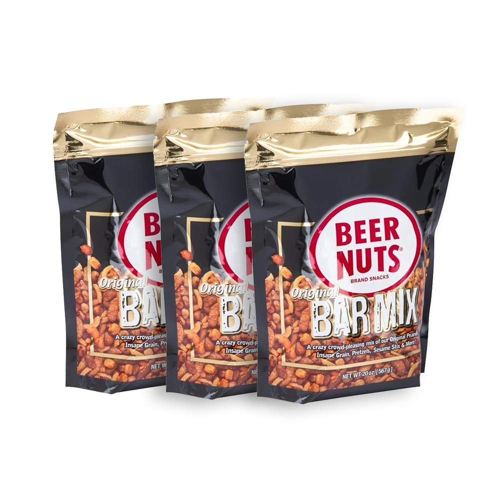 BEER NUTS Original Bar Mix - Pretzels, Cheese Stix, Sesame Stix, Insane Grain - 20oz Resealable Bag (Pack of 3)