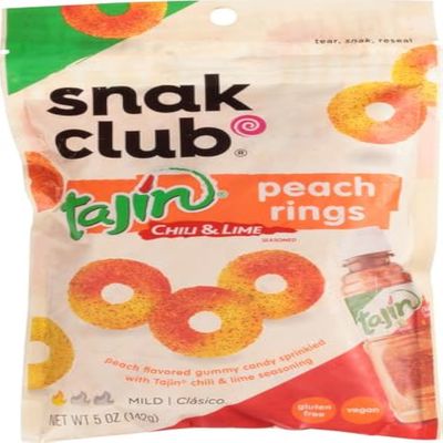Snak Club Tajin Seasoned Candy Peach Rings Resealable 5 ounce Bag