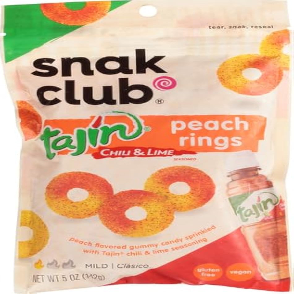 Snak Club Tajin Seasoned Candy Peach Rings Resealable 5 ounce Bag
