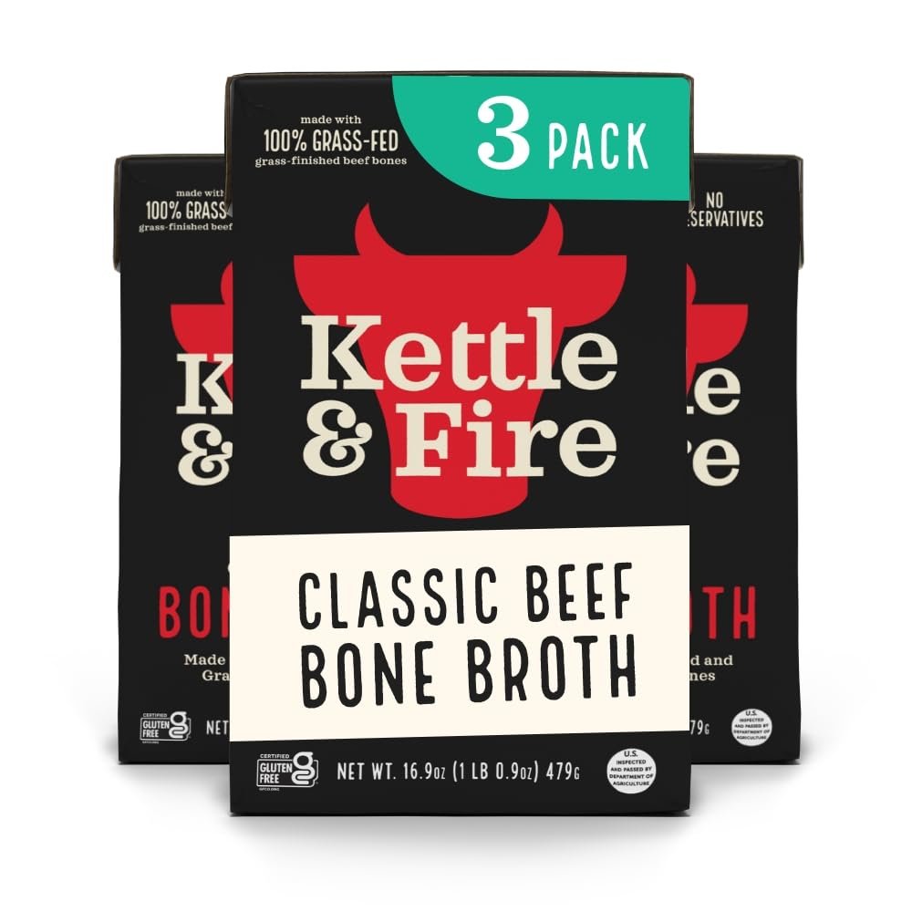 Kettle and Fire Mushroom Chicken, Beef, and Chicken Bone Broth Collagen Variety Pack, Keto, Paleo, and Whole 30 Approved, Gluten Free, High in Protein and Collagen, 3 Pack