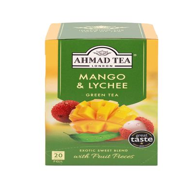 Ahmad Tea Green Tea, Mango & Lychee Teabags, 20 ct (Pack of 1) - Caffeinated & Sugar-Free