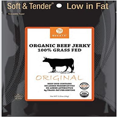 Nueats Organic Beef Jerky  100% Grass-Fed, Tender & Soft  High Protein Snack  ORIGINAL  2.25oz Resealable Bag (Pack of 2)