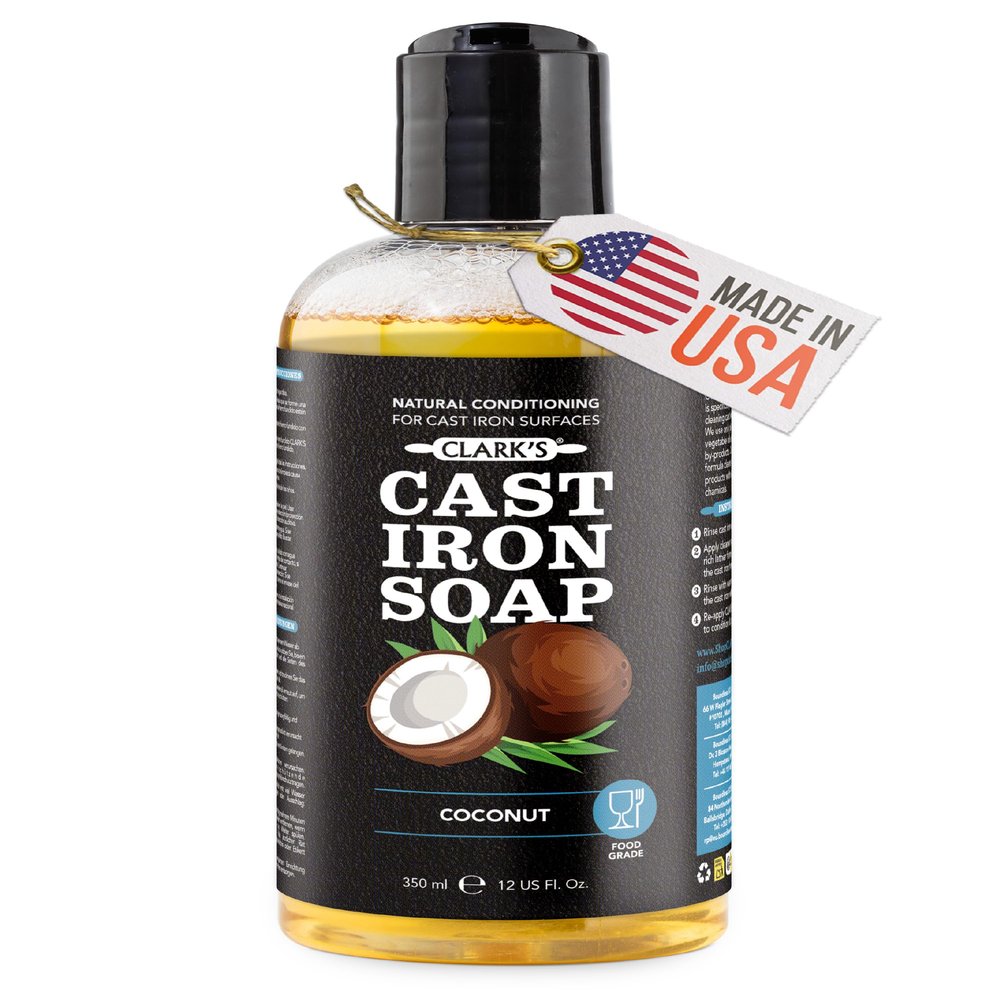 CLARK'S Cast Iron Cleaner 12 oz, Made in USA, Plant Based Coconut Cast Iron Soap for Skillets, Griddles Etc. - Protects, and Restores Cookware