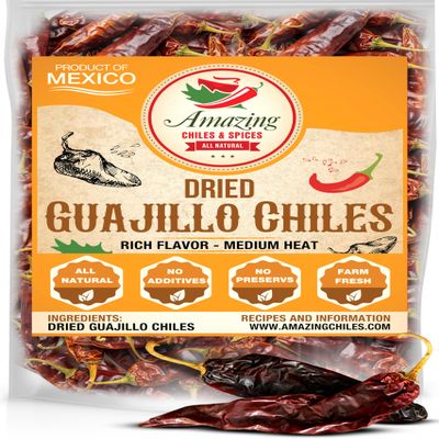 Guajillo Chiles Peppers Dried Whole 4 oz Natural and Premium. Great For Mexican Recipes Like Mole, Tamales, Salsa, Meats. Mild to Medium Heat, Complex Fruity Flavor. Resealable Bag