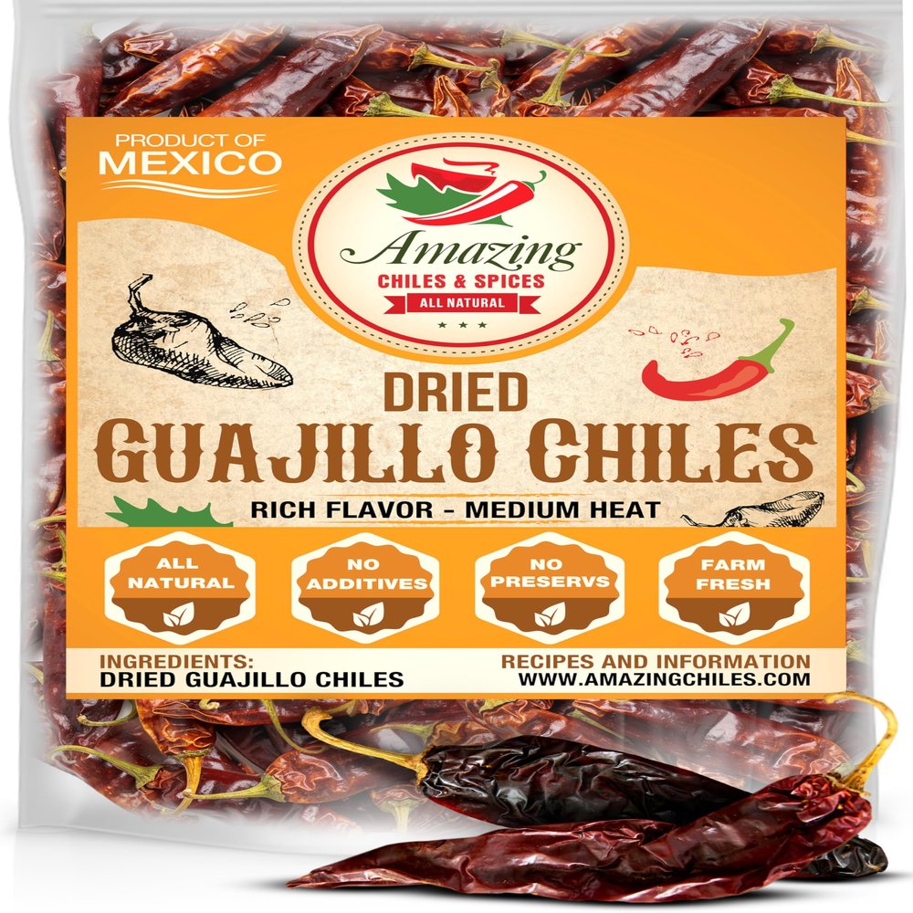Guajillo Chiles Peppers Dried Whole 4 oz  Natural and Premium. Great For Mexican Recipes Like Mole, Tamales, Salsa, Meats. Mild to Medium Heat, Complex Fruity Flavor. Resealable Bag