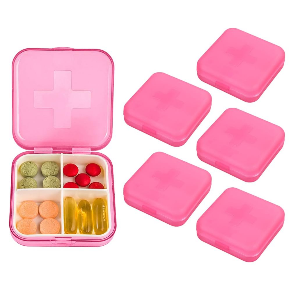 AKOAK 6 Pack Pill Box Organizer - Portable Travel Pill Box, Daily Medication Organizer Case, Compact Pill Fish Oil Vitamin Box (4 Compartments) (Pink)