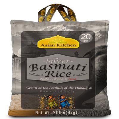 Asian Kitchen Silver White Basmati Rice Extra Long Aged 20lbs (9.08kg) ~ All Natural | Gluten Friendly | Vegan | Indian Origin | Export Quality