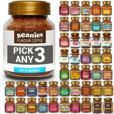 Beanies Flavoured Instant Coffee PICK ANY 3 Jars (50g) from 50+ Flavours Inc. Turkish Delight, Chocolate Orange, Chai Latte, Cookie Dough, Hazelnut, Caramel, Vanilla and More