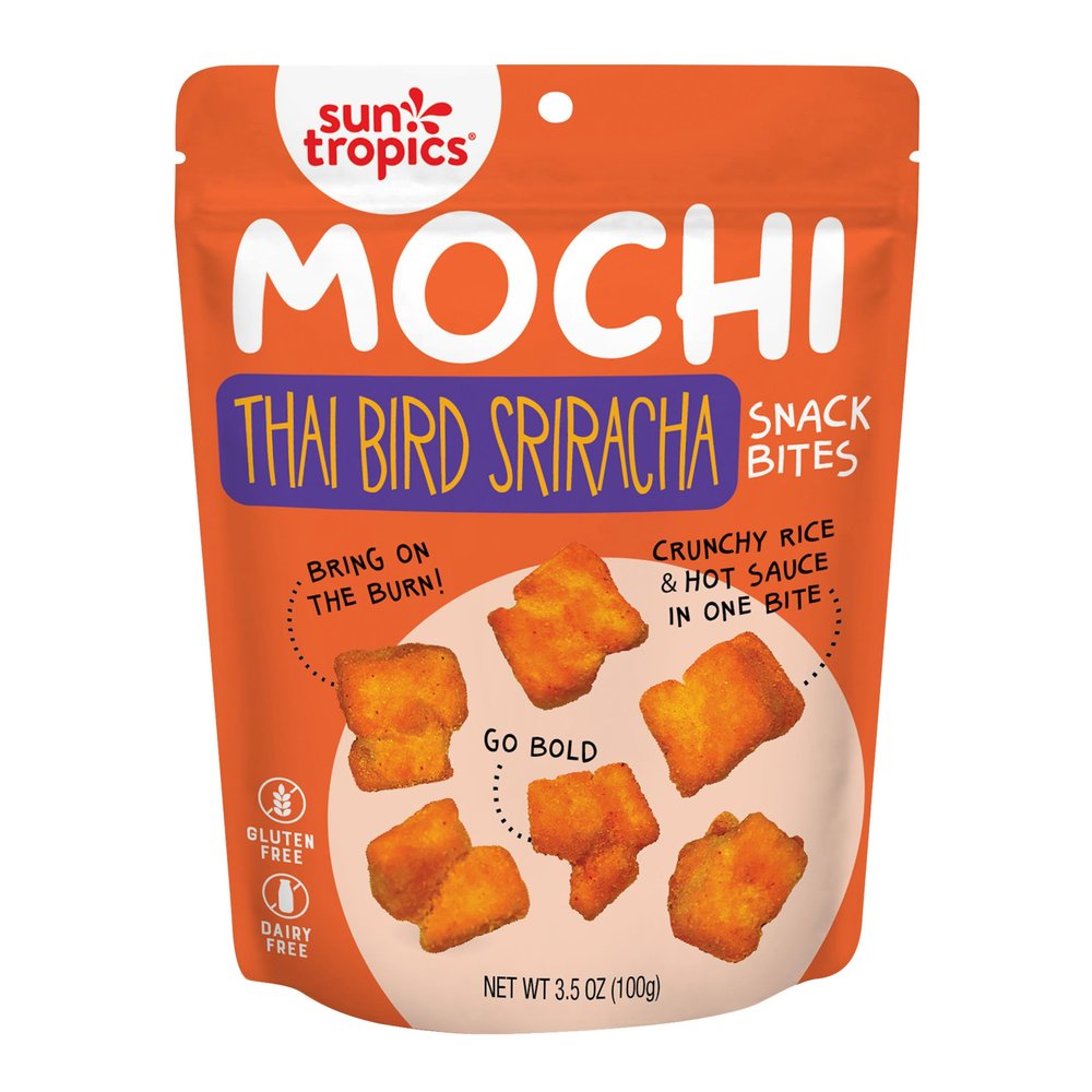 Sun Tropics Mochi Snack Bites, Thai Bird Sriracha Flavor- 3.5 oz (6 Pack)| Crispy Spicy Mochi Bites, Rice Nuggets | Mochi Puff Rice Crackers- Gluten Free & Dairy Free- No MSG Added | Asian Rice Snacks
