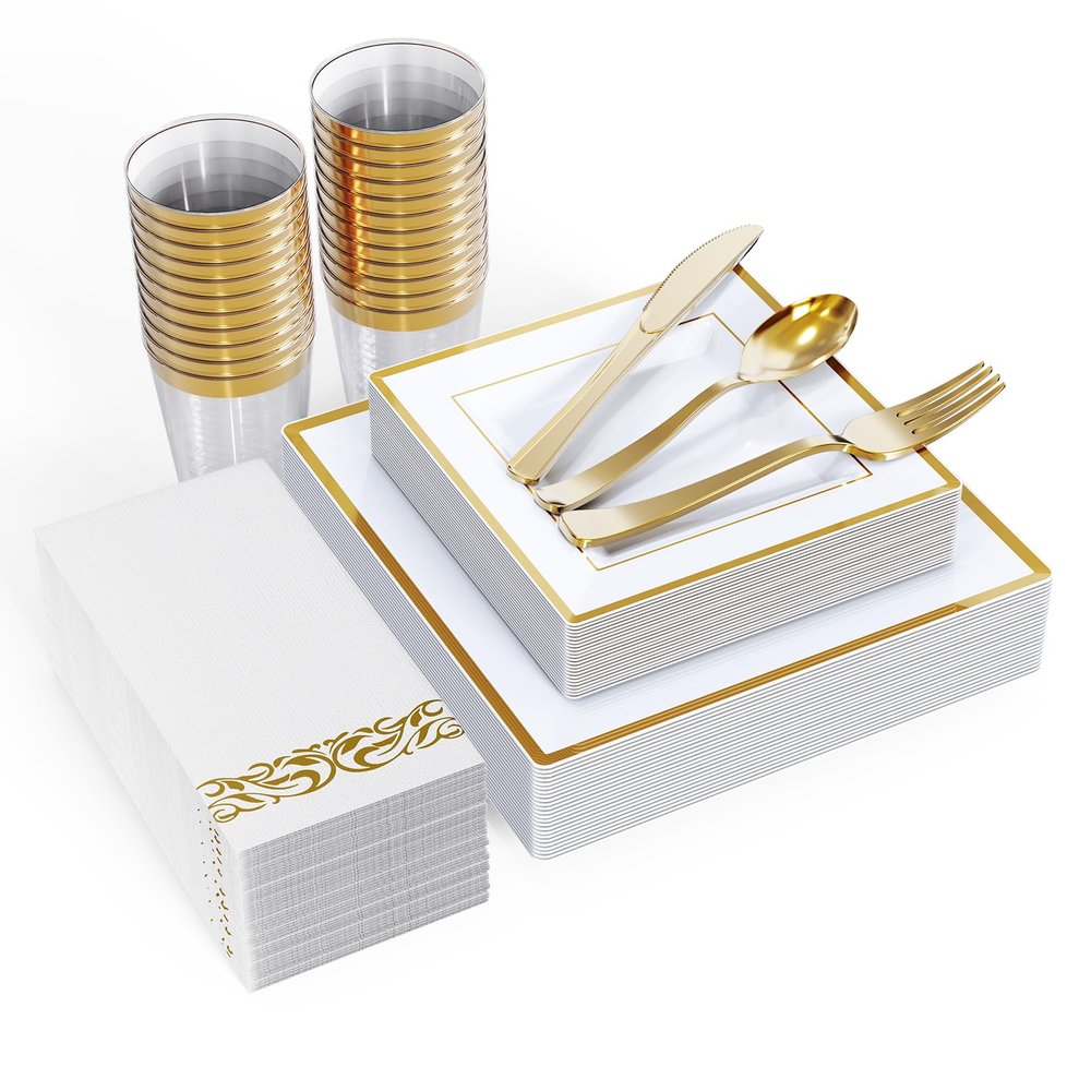 FOCUSLINE 175 Count Gold Dinnerware Set for 25 Guests - Square Plastic Plates with Gold Rim, Includes 25 Disposable Dinner & Dessert Plates, Napkins, Cups, Cutlery Set for Wedding Parties