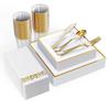 FOCUSLINE 175 Count Gold Dinnerware Set for 25 Guests - Square Plastic Plates with Gold Rim, Includes 25 Disposable Dinner & Dessert Plates, Napkins, Cups, Cutlery Set for Wedding Parties view 1