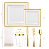 FOCUSLINE 175 Count Gold Dinnerware Set for 25 Guests - Square Plastic Plates with Gold Rim, Includes 25 Disposable Dinner & Dessert Plates, Napkins, Cups, Cutlery Set for Wedding Parties view 2