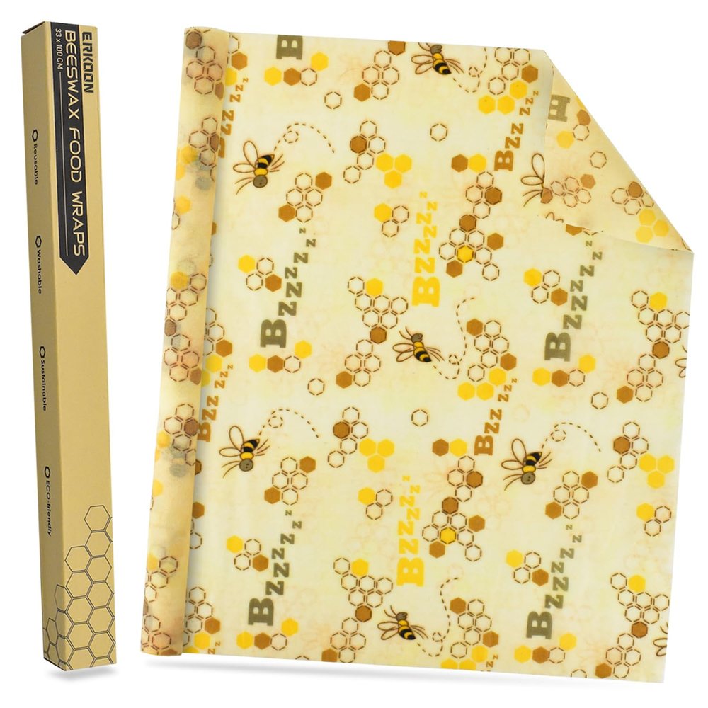 Beeswax Food Wraps 1 Meter Roll 13 x 39 Inch Reusable Beeswax Wraps Eco-Friendly Sustainable Food Storage Wraps for Sandwich, Cheese, Fruit, Bread, Snacks (Bee Pattern) (1, 13x39 )