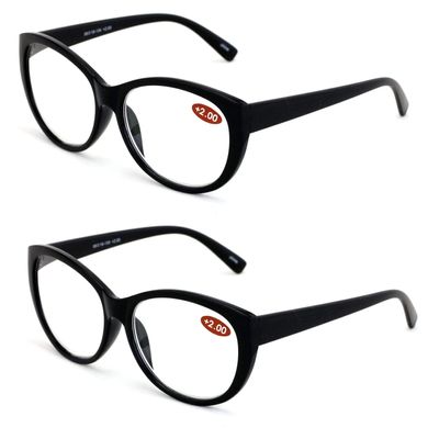 2 Pairs Deluxe Women Reading glasses - Magnified Readers Cateye Vintage Jackie Oval (2 Black, 1.00)