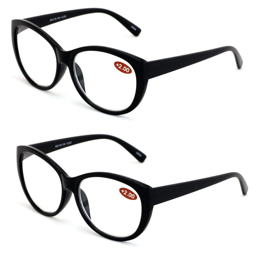 2 Pairs Deluxe Women Reading glasses - Magnified Readers Cateye Vintage Jackie Oval (2 Black, 1.00)