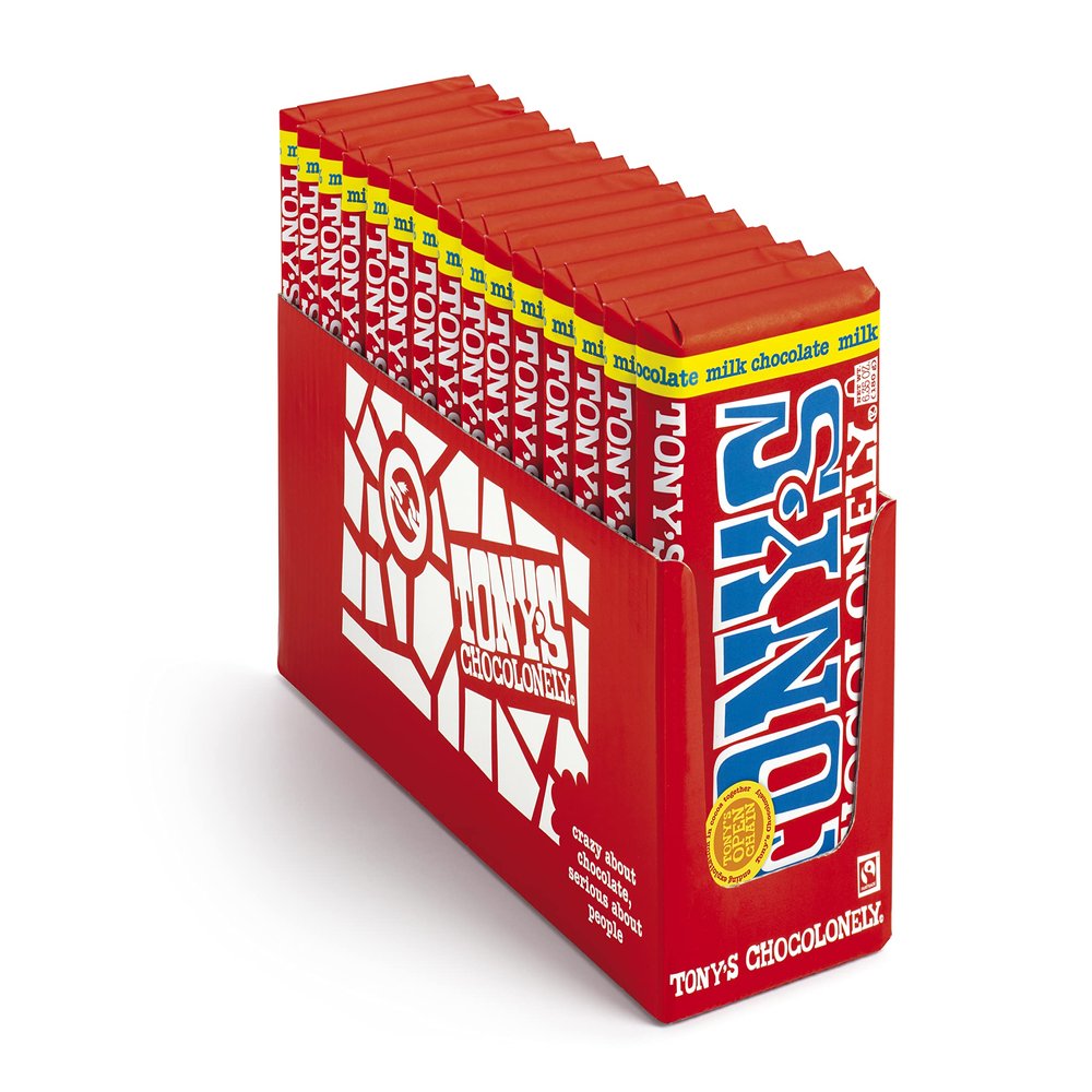 Tony's Chocolonely 32% Classic Milk Chocolate Bar - Rich, Smooth Belgium Chocolate, Perfect Holiday Gift, Chocolate Candy, No Artificial Flavoring, Fairtrade & B Corp Certified - 6.35 Oz, 15 Bars