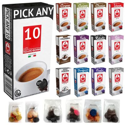 100 Bonini Coffee and Chocolate Pods Compatible with Nespresso. Pick Any 10 Packs from 19 Blends Including: Espresso, Latte, Chocolate and New Eco Capsules