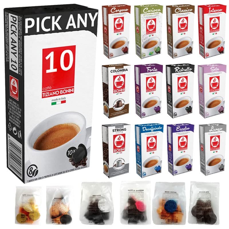 100 Bonini Coffee and Chocolate Pods Compatible with Nespresso. Pick Any 10 Packs from 19 Blends Including: Espresso, Latte, Chocolate and New Eco Capsules
