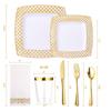FOCUSLINE 175 Ct Gold Dinnerware Set for 25 Guests - Square Plastic Plates with Diamond Rim, Including 25 Disposable Dinner & Dessert Plates, Napkins, Cups, Cutlery view 2