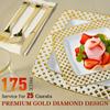 FOCUSLINE 175 Ct Gold Dinnerware Set for 25 Guests - Square Plastic Plates with Diamond Rim, Including 25 Disposable Dinner & Dessert Plates, Napkins, Cups, Cutlery view 3