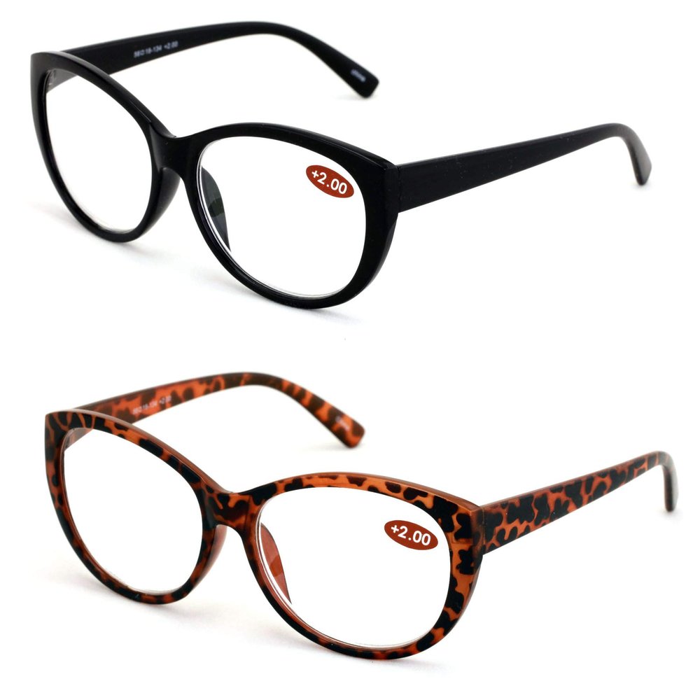 2 Pairs Deluxe Women Reading glasses - Magnified Readers Cateye Vintage Jackie Oval (1 Black 1 Tortoise, 1.00)