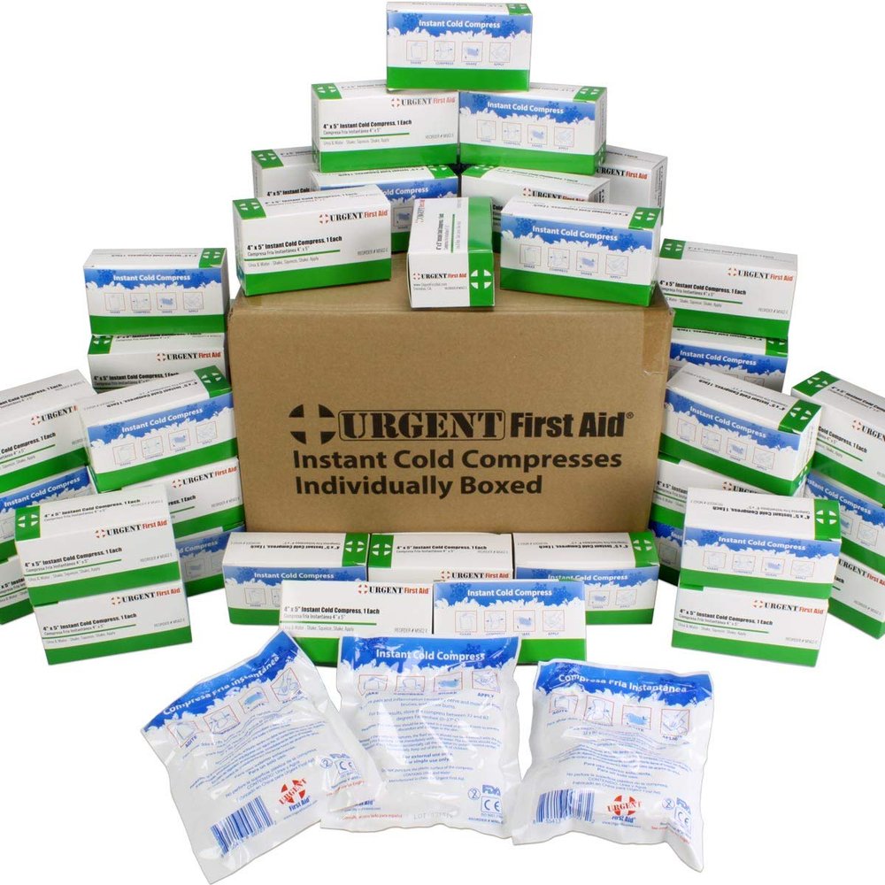 Case of 50 Individually Boxed Instant Cold Packs, 5" x 6" (4"x5" cold area) Disposable Cold Compresses - No pre-chilling required for fast first aid treatment & relief of aches, pains, bumps & bruises