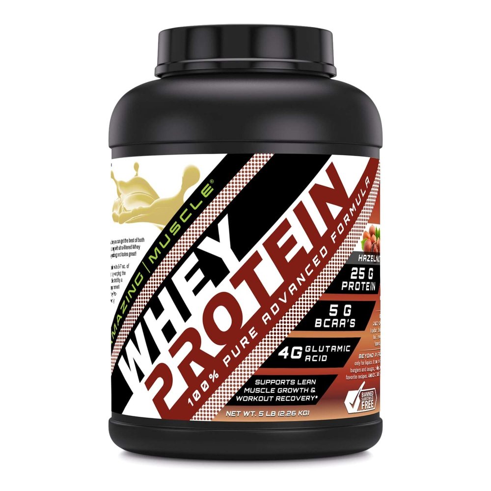 Amazing Muscle 100% Whey Protein Powder *Advanced Formula with Whey Protein Isolate as a Primary Ingredient Along with Ultra Filtered Whey Protein Concentrate (Hazelnut, 5 Lb)