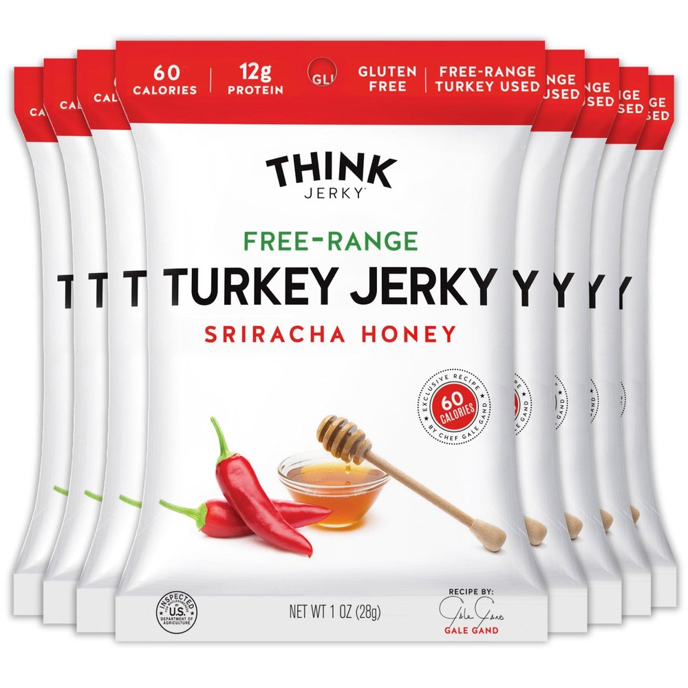 Think Jerky Sriracha Honey Turkey Jerky, Chef Crafted Free Range Turkey, Gluten Free, No Antibiotics or Nitrates, Healthy Chef Crafted Recipe, Low Calorie and Low Fat - 1.0 oz Bags, 8 Pack