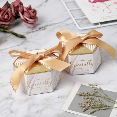 100PCS Hexagon Candy Boxes with Ribbon Baby Shower Boxes Wedding Party Favors Gift Chocolate Packing Box Paper Bags for Gifts (Silver)