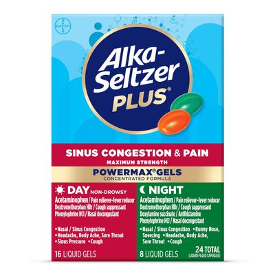 Alka-Seltzer Plus Maximum Strength PowerMax Sinus Congestion & Pain Medicine, Day + Night Liquid Gels - Powerful Relief for Cold and Flu, + Sinus Congestion for Adults and Children 12+ Years, 24 Count