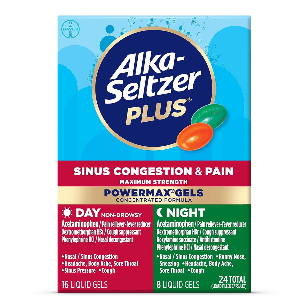 Alka-Seltzer Plus Maximum Strength PowerMax Sinus Congestion & Pain Medicine, Day + Night Liquid Gels - Powerful Relief for Cold and Flu, + Sinus Congestion for Adults and Children 12+ Years, 24 Count