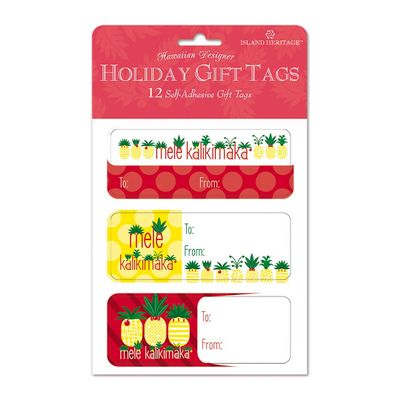 12 Pack Adhesive Hawaiian Christmas Holiday Tag Labels (Mele Pineapple Parade)