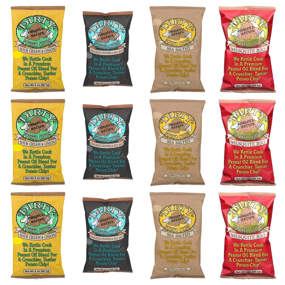 Dirty Kettle Potato Chips 4 Flavor Variety Bundle: Mesquite BBQ, Sour Cream and Anion, Cracked Pepper & Sea Salt, & Sea Salt 2oz each Pack of 12