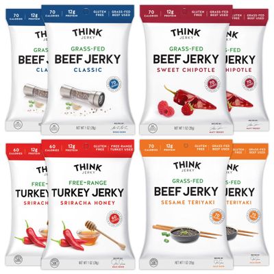 Think Jerky Beef and Turkey Jerky Variety Pack, Classic, Sweet Chipotle, Sriracha Honey, Sesame Teriyaki, Healthy Meat Snack, Low Calorie Low Fat - 1.0 oz Bags, 8 Pack, 2 of Each