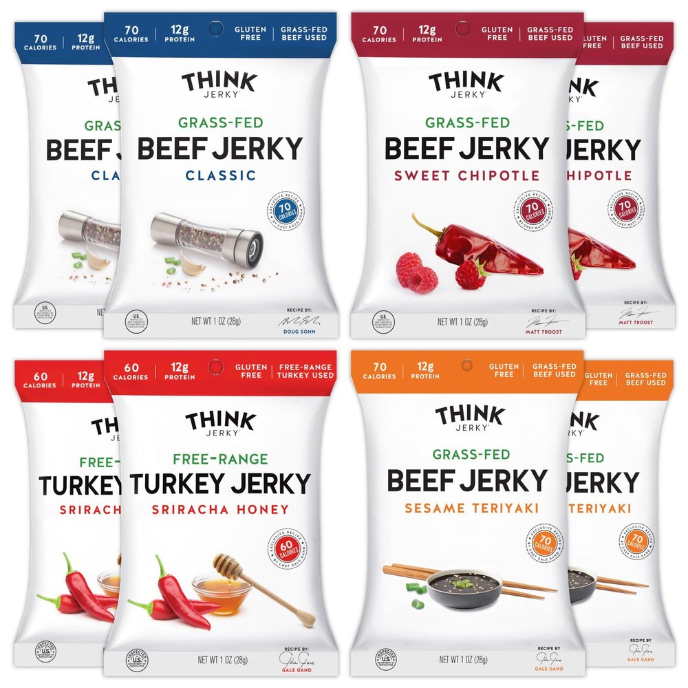 Think Jerky Beef and Turkey Jerky Variety Pack, Classic, Sweet Chipotle, Sriracha Honey, Sesame Teriyaki, Healthy Meat Snack, Low Calorie Low Fat - 1.0 oz Bags, 8 Pack, 2 of Each