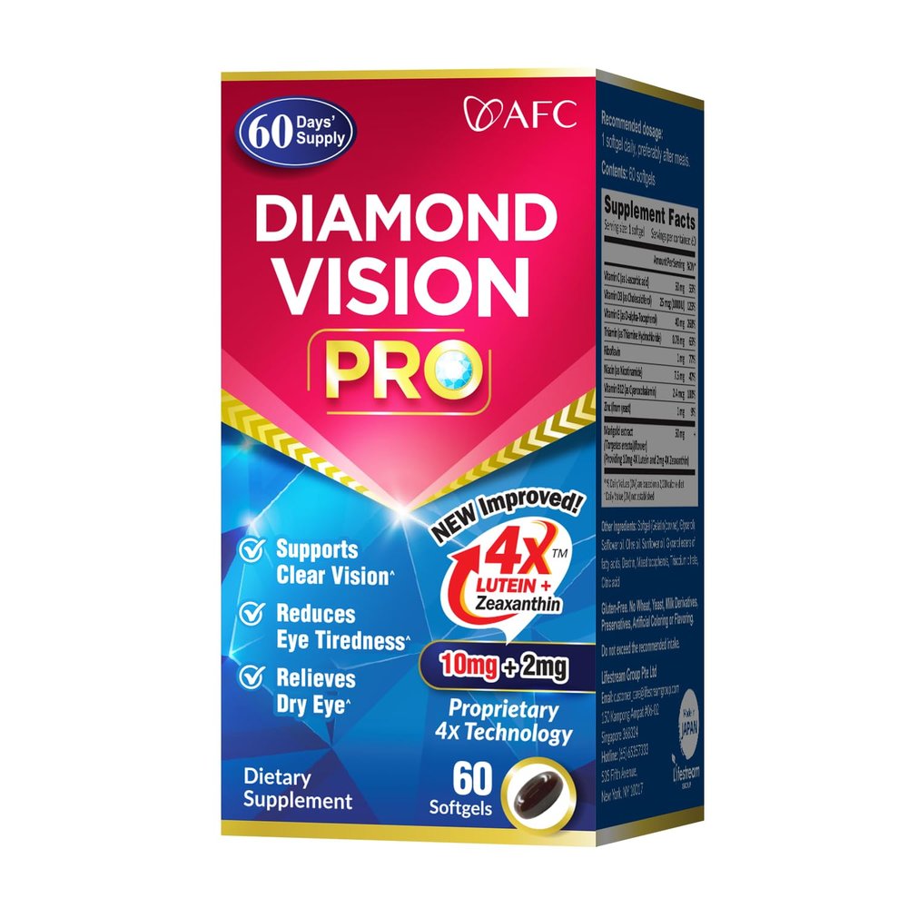 AFC Japan Diamond Vision PRO  Improved, Up-Sized Formula - Lutein & Zeaxanthin 4X with Eye Vitamins  Visual Health Supplement for Adults, Screen Exposure, Night Use, 60 Softgels