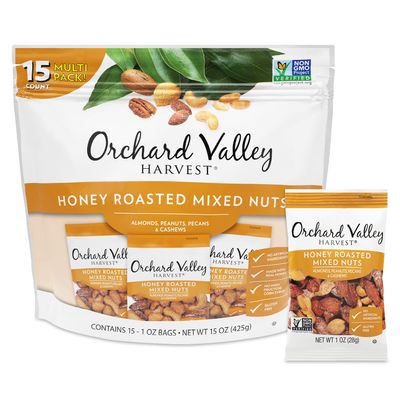 Orchard Valley Harvest Honey Roasted Mixed Nuts, 1 Ounce Bags (Pack of 15), Almonds, Peanuts, Pecans, and Cashews, Gluten Free, Non-GMO, No Artificial Ingredients