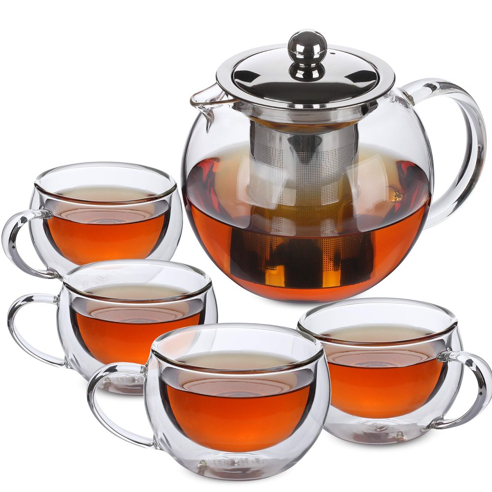 BTaT- Glass Tea Pot Set, Set of 4, Double Wall Glass Tea Cup and Kettle with Infuser