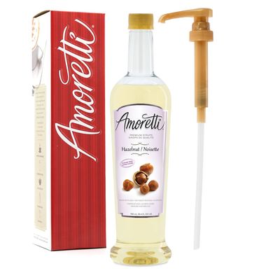 Amoretti - Sugar Free Hazelnut Syrup, 94 Servings Per Bottle (750 ml), with Pump for Flavoring Coffees, Cocktails, and other Beverages, Gluten Free, GMO/GEO Free, Preservative Free
