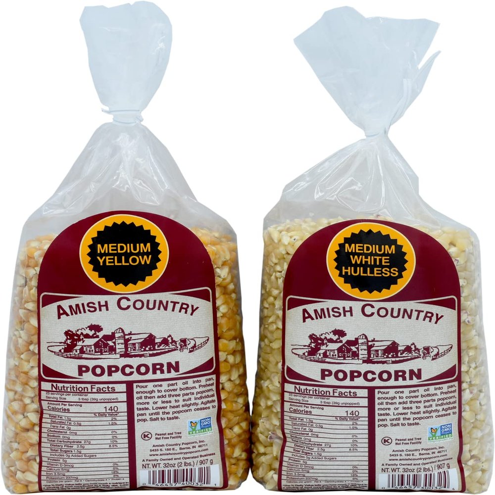 Amish Country Popcorn | 2-2 lb Bags | 2 lb Medium White and 2 lb Medium Yellow Popcorn Kernels Variety Bundle | Old Fashioned, Non-GMO and Gluten Free