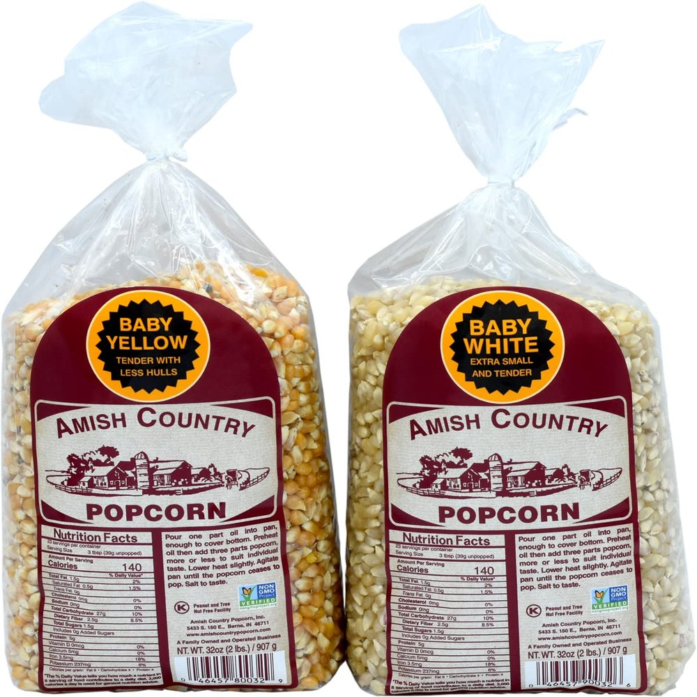 Amish Country Popcorn | 2-2 lb Bags | 2 lb Baby White & 2 lb Baby Yellow Popcorn Kernels | Old Fashioned, Non-GMO and Gluten Free
